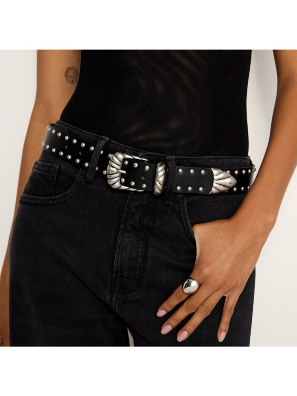 NWT GOOD AMERICAN M/L Studded Black Gold Vegan Leather Metal Buckle Belt Cowgirl - Picture 3 of 7